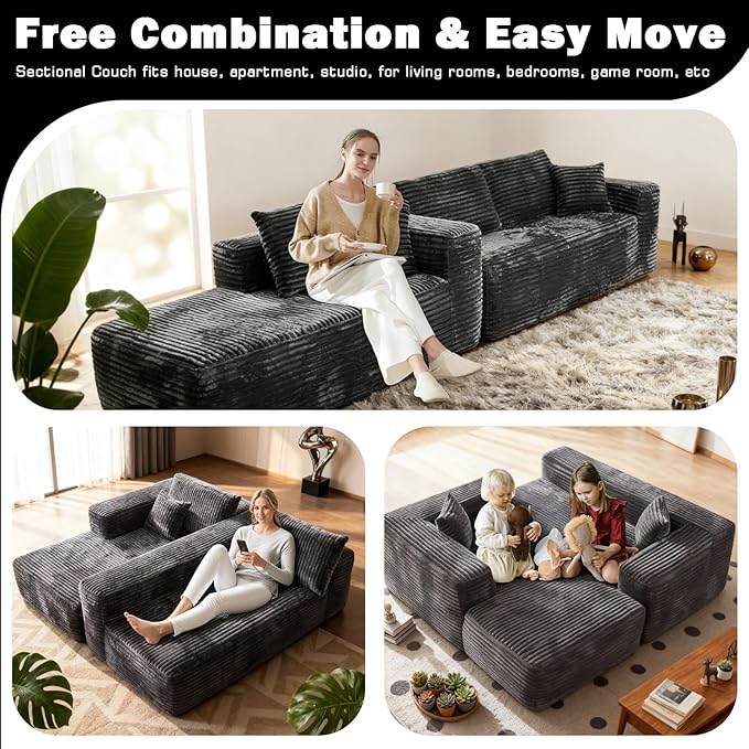 106 Modular Cloud Sectional CouchL-Shaped Couch No Assembly Required for Living Room and Bedroom Left/Gray