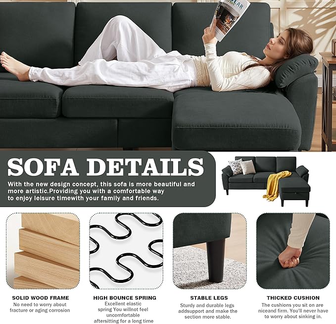 79 Convertible Sectional Sofa Modern Linen Small L Shaped Couch with Reversible Chaise and Storage Ottoman 3-Seat Sofa Couches for Living Room Office Apartment Black