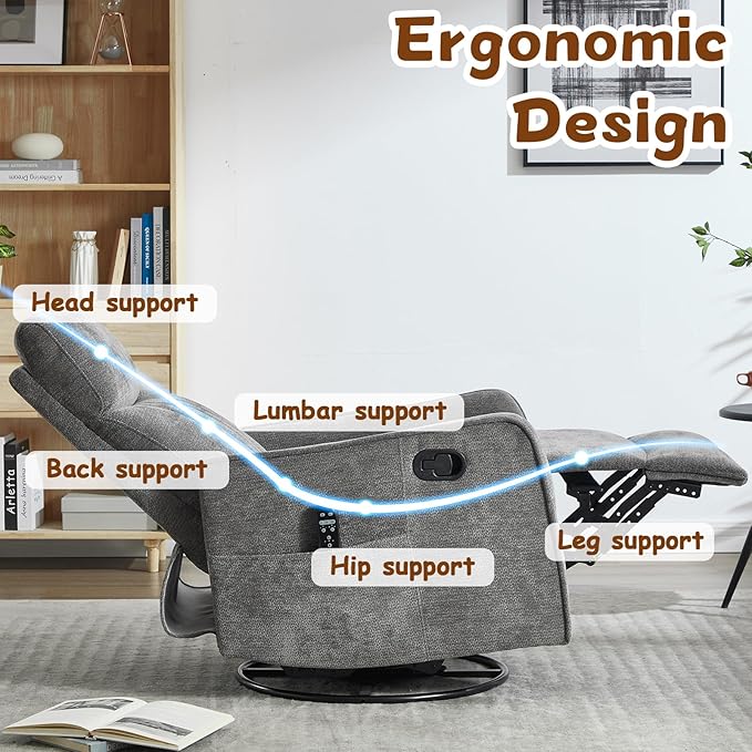 Slim Swivel Rocking Chair Recliner with PocketsLazy Boy Recliners for for AdultsSmall Recliner Chair for Small Spaces Manual Reclining Chair for Living Room Bedroom (Cinerous)