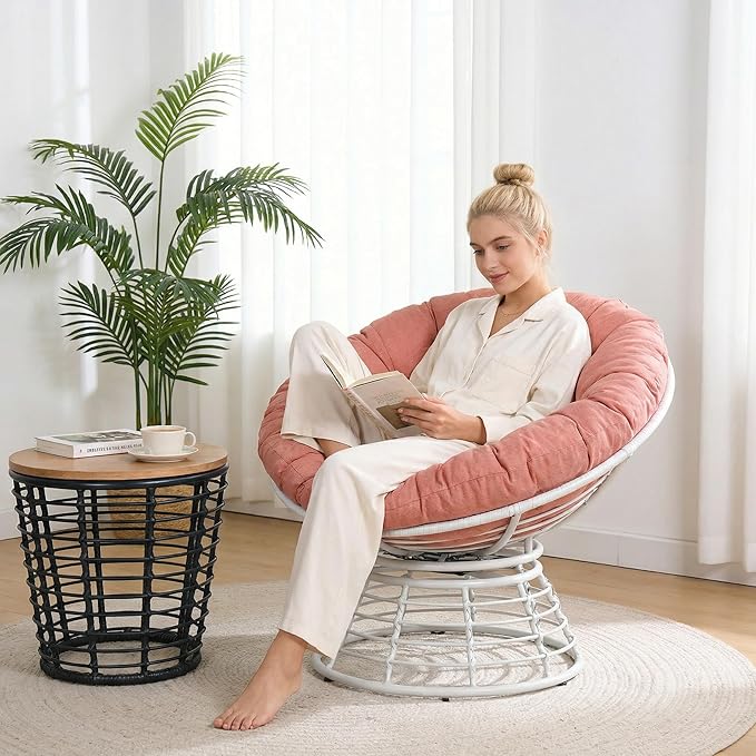 43 Ergonomic 360° Swivel Papasan Chair Wicker Round Chair with Thick Cushion Lounge Chair for Living Room Bedroom Reading Nook Indoor Outdoor Use Orange Cloud &amp White Frame
