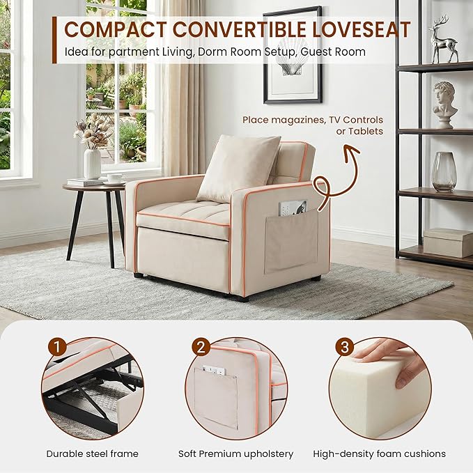 Convertible Sleeper Chair 68.5 Inch Futon Sofa Bed Single Sleeper Sofa Small Couch Bed with Side Pocket Adjustable Backrest for College Dorm Bedroom Studio Apartment