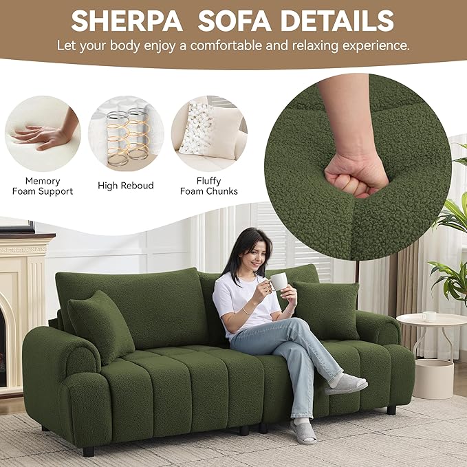 88 Modern Boucle Sofa Couch Oversized Comfy 3 Seater Sherpa Curved Sofas Deep Seat Upholstered Loveseat Teddy Round Arm Couches for Living Room Bedroom Green