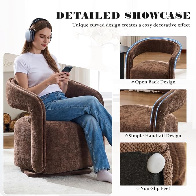 FOXHUNTER Swivel Accent Chair Set of 2 Modern Upholstered Barrel Chair Oversized Round Accent Armchair with Open Back Wooden Base for Living Room Chenil Brown