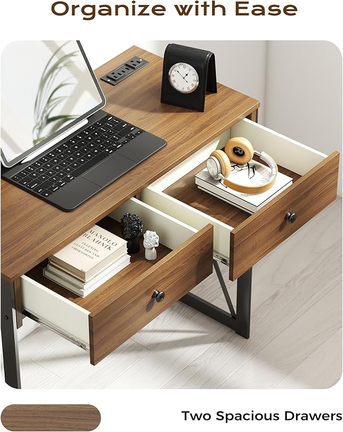 Manora Computer Desk with Power Outlet and USB Ports 31.5” Writing Desk with 2 Drawers Small Home Office Desk with Metal Frame for Bedroom Study or Dorm (Rustic Brown)