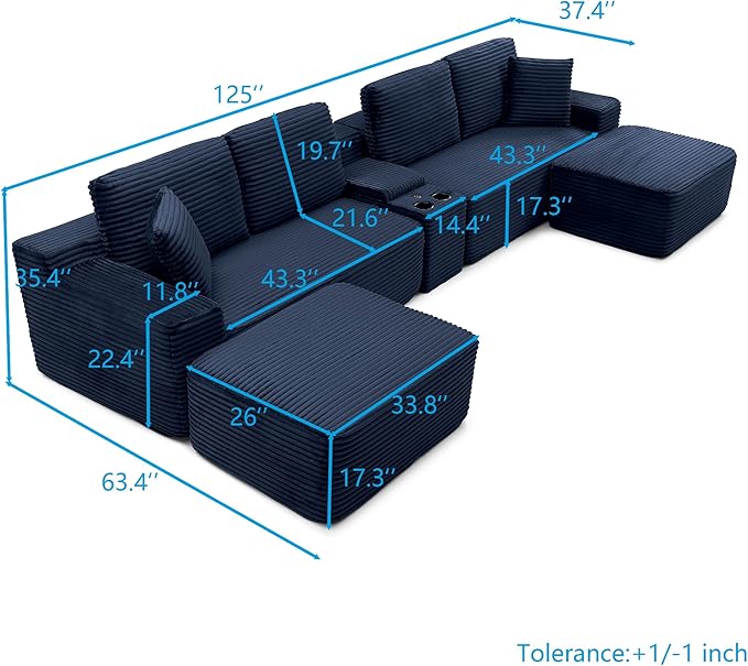 U-Shaped Cloud Sectional Couch Symmetrical Modular Compressed Boneless Sectional Sofa with Chaise Lounges and Console Plush Corduroy Boneless Corner Sofa for Living Room