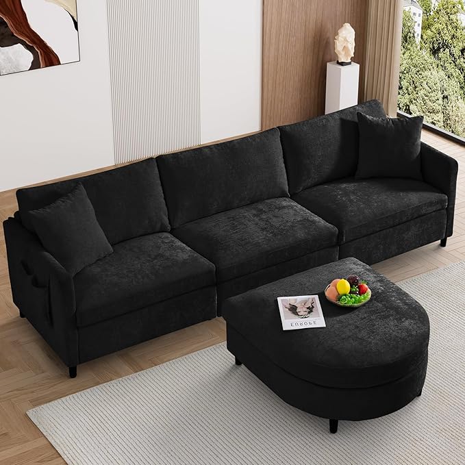 L Shaped Sectional Sofa Couch 106.7 Comfy Chenille 4 Seat Deep Seat Sofa Set with 2 Pillows &amp Convertible Ottoman Modern Modular Cloud Couch for Living Room Office Apartment Black