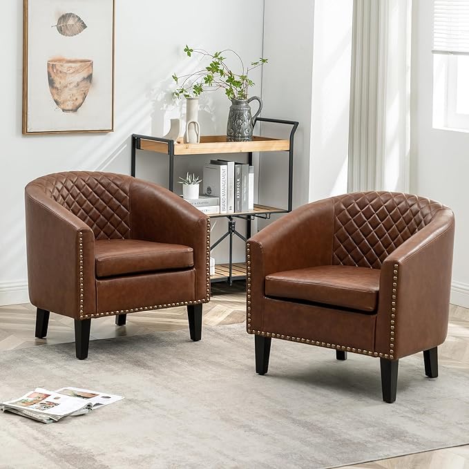 KINWELL 29 W Faux Leather Barrel Chairs Set of 2 Modern PU Upholstered Tufted Club Chairs with Nailhead Trim Small Armchairs Accent Chairs for Living Room Bedroom Apartment Lounge Nursery Brown