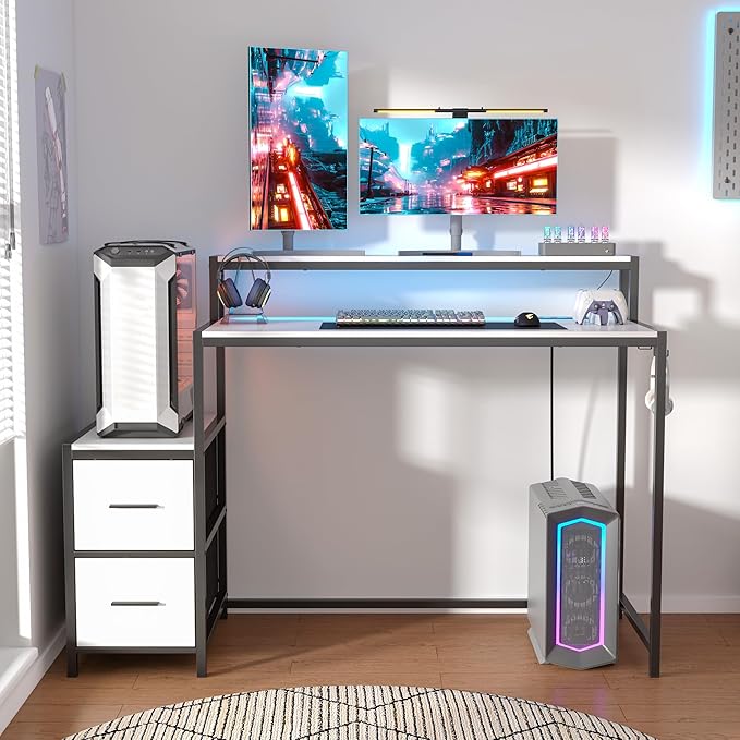 WOODTIME 50.4 W Home Office Computer Desk with LED Lights &amp Power Outlets Gaming PC Desk Study Writing Table with Monitor Stand &amp 2 Fabric Drawers White &amp Black