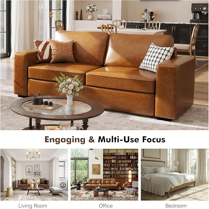 ABCASA 85 Faux Leather Couch with Padded Cushions Mid-Century Modern Sofa with Extra Deep Seats 3-Seater Sofa Couch for Living Room Apartment Lounge Brown