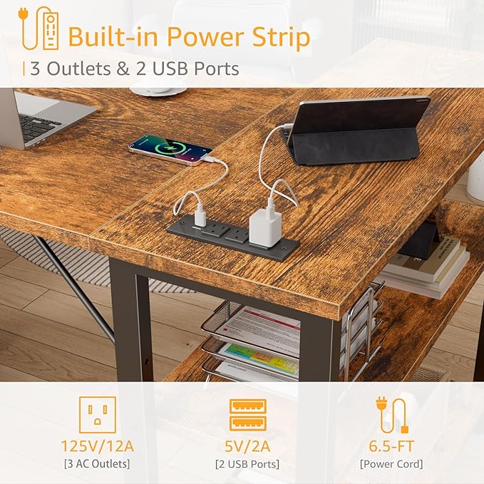 DLisiting L Shaped Computer Desk with Drawers - 47 Inch Corner Office Reversible Desk with Storage Shelves Power Outlet Home Office Desks L-Shaped with Fabric Drawer for Teen Girls Rustic Brown