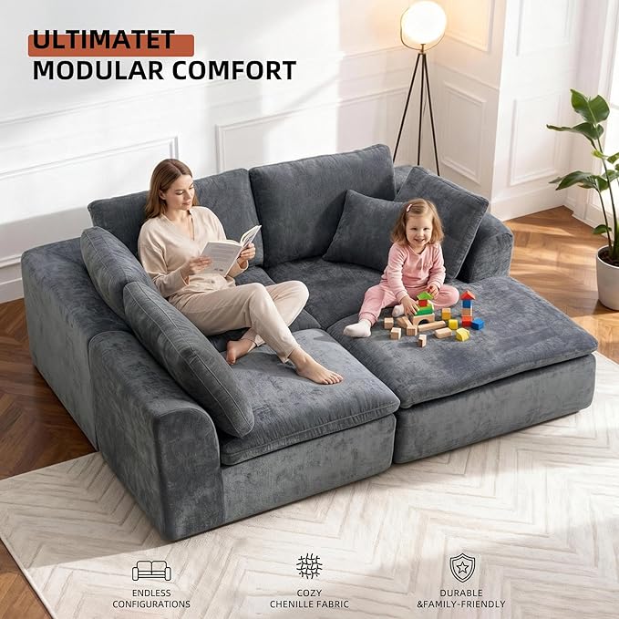Boneless Sectional with Chaise 110 L-Shaped Cloud Couch for Living Room Deep Seat Chenille Floor Sofa Frameless Modular Lounge Set (Dark Gray Right Facing Chaise)