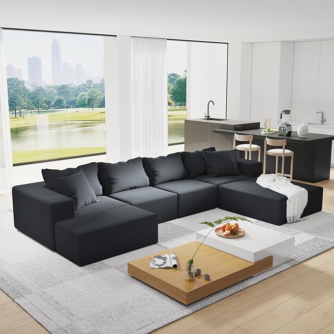 KEIKI Sectional Sofa Couch Set Modular 132 L Shaped Couch Set with 6 Pillows Free Combination Upholstered Sofa Couch for Living Room Bedroom Black