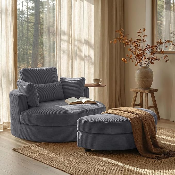 Yoglad 51” Swivel Barrel Chair with Storage Ottoman Corduroy Upholstered Accent Chair and A Half with Tray Table Oversized Chaise Lounge Round Sofa Chair for Living Room Bedroom(Grey)