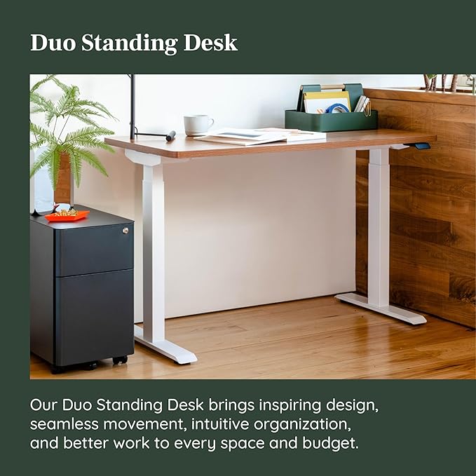 Branch Duo Standing Desk 58 Inches - Adjustable Standing Desk with 20” Range - OLED Control Panel - Frameless Design &amp Compact Size Suitable for Many Spaces - Woodgrain Top - White Base