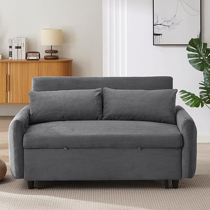 Pull-Out Sofa Bed Convertible Couch 2 Seat Loveseat Sofa Corduroy Fabric Upholstered Sleeper Sofa with 2 Throw Pillows and USB Ports for Living Room Office Apartment (Dark Grey)