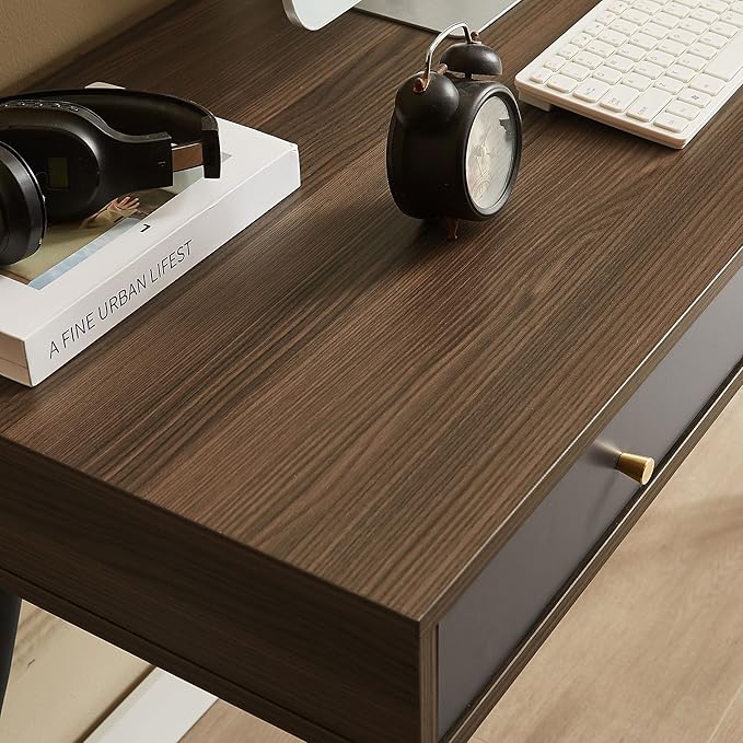 KEVINSPACE Mid Century Desk with Drawers 47 Modern Home OfficeDesk Writing StudyDesk ComputerDesk with Metal Legs &amp 3 Drawers Multipurpose Vanity TableDesk for Bedroom Office Walnut&ampGrey
