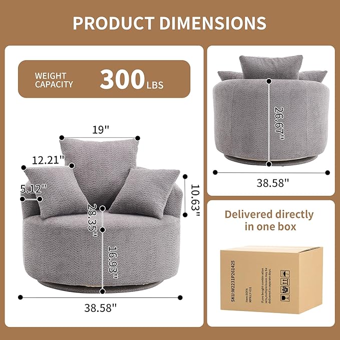 40” Grey Round Swivel Chair with 3 Pillows &amp Thick Cushion Oversized 360° Swivel Accent Chair Modern Boucle Armchair for Nursery Living Room Bedroom Club