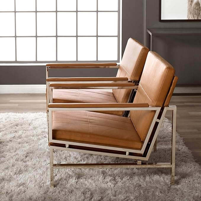 Studio Designs Atlas Modern Accent Chair with Padded Armrests - 29.5 W x 32 D x 33 H - Armchair for Home or Office - Caramel Brown Bonded Leather Fabric and Chrome Legs