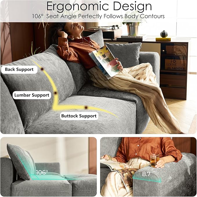 LINSY HOME Cloud Couch Sectional Modular Sofa Sectionals for Living Room Bedroom 91 2 Seater Love Seat Couch Deep Seat Cozy Couch Luxury Chenille Sofas Grey