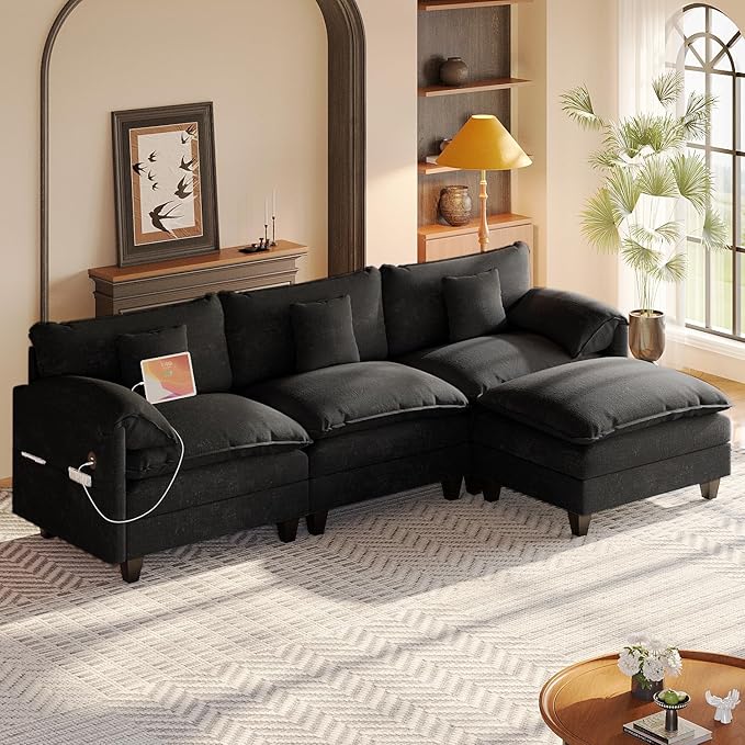 108“ Modular Sectional Sofa with Movable Ottoman Plush Double-Layer Cushion Cloud Couch with USB Charging Ports &amp Side Storage Pockets Chenille L Shaped Modern Sofa Couches for Living Room Blac