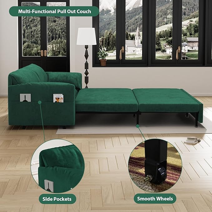 Pull Out Sofa Bed Queen 3 in 1 Convertible Sleeper Sofa Couch with Pullout Bed Comfy Futon Sofa cama moderno Velvet Recliner Loveseat for Living Room Apartment Small Space 63.8 Green