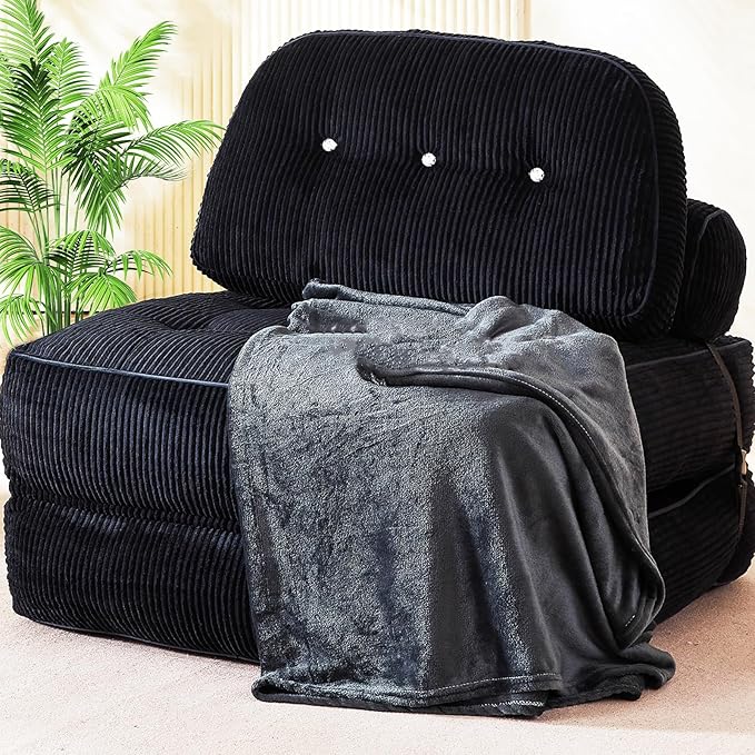 Folding Sofa Bed Flannel Futon Couch Bed with Pillow and Blanket Convertible Sleeper Chair for Small Space Apartment Guest Room Black