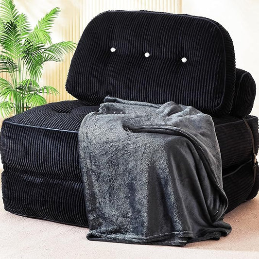 Folding Sofa Bed Flannel Futon Couch Bed with Pillow and Blanket Convertible Sleeper Chair for Small Space Apartment Guest Room Black