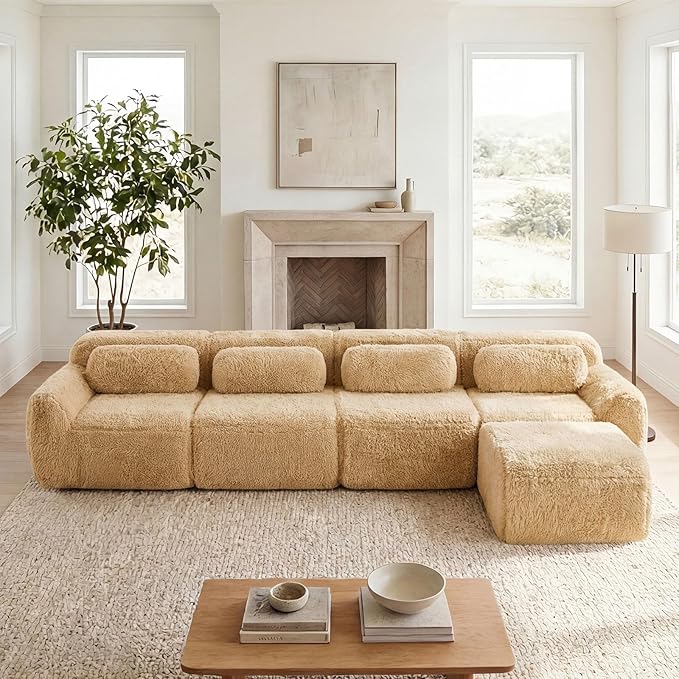 149 Modern Modular Boneless Sectional Couches for Living Room 4 Seater Deep Seat Compressed Sofa No Assembly Required Plush Fabric Fabric Cloud Comfy Sofa Set with 1 Ottoman L Shaped Camel