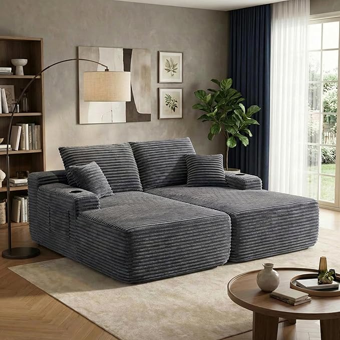 69 Upgraded Oversized Boneless Chaise Lounge Chair Indoor with cup holders and side storage pockets Soft Plush Corduroy Modular Love seat Sofa Deep Seat Sleeper Chairs for Living Room Grey.
