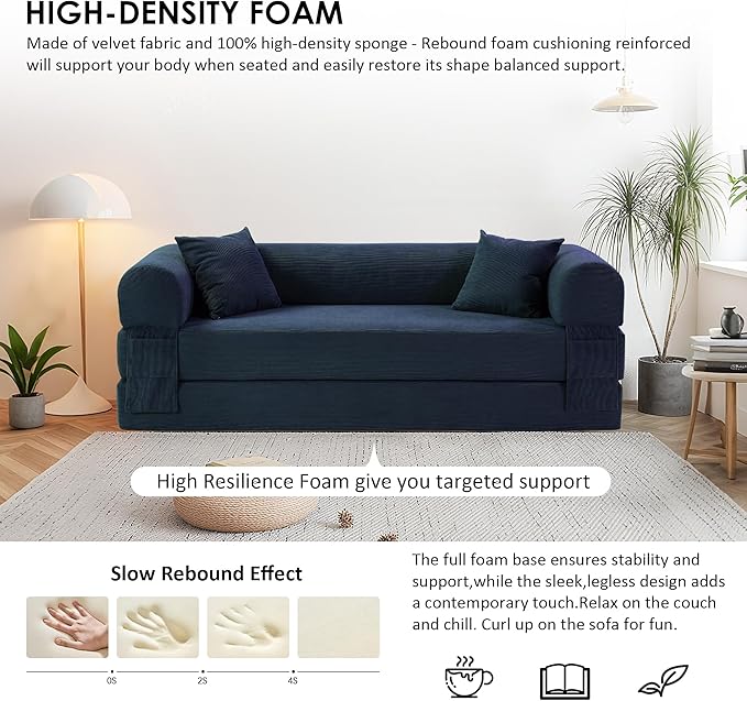 80 Convertible Sofa Bed Corduroy Deep Seat Folding Pull Out Couch with Pillows No Assembly Modern Boneless Couch Compression Sofa in Box Floor Sofa with Storage Pocket for Living RoomNavy Blue