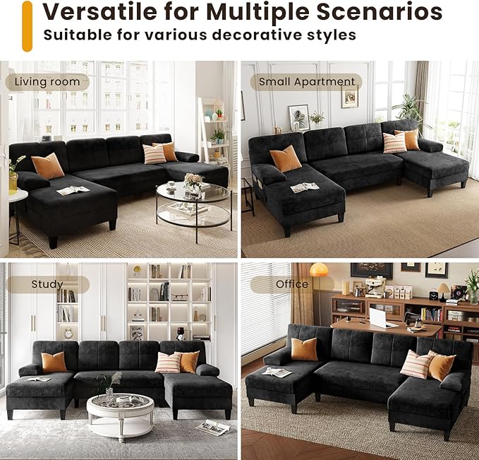 KKL Sectional Sofa Couch for Living Room U Shaped Couch with Storage Home Sofas with Chaise Modern Comfy Couches for Apartment Living Room Furniture Chenille (Black U Shape)