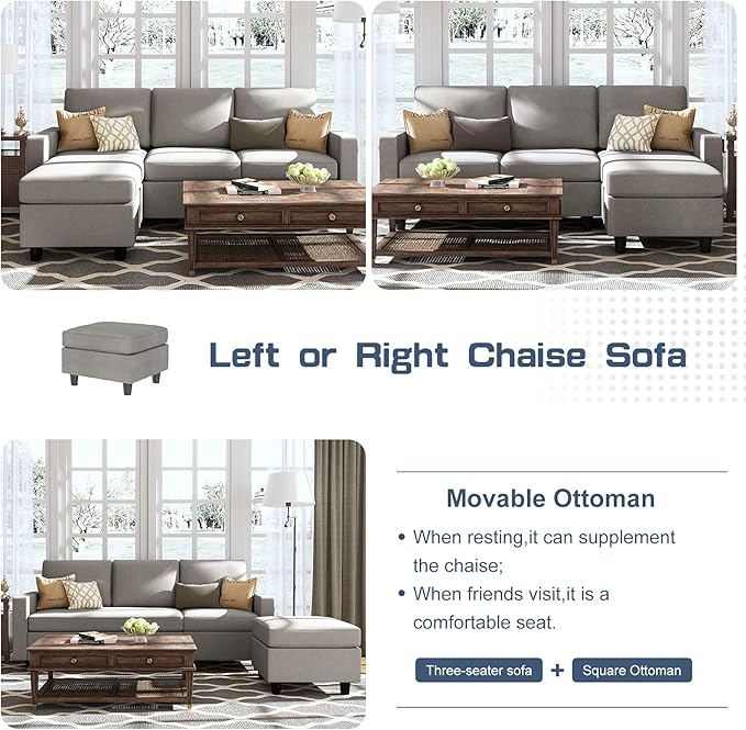 L Shaped CouchReversible Sofa with Linen FabricConvertible Sectional Sofa for Small Space Light Grey