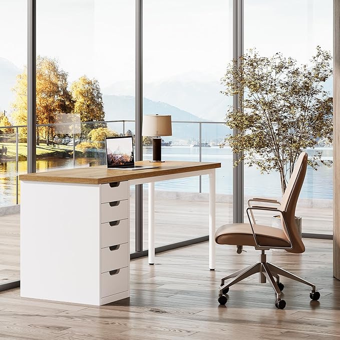 Tribesigns Modern Simple Computer Desk 47 Inches PC Desk with 5 Reversible Drawers Rustic Brown Study Writing Table Workstation for Home Office Small Spaces (Walnut+White)