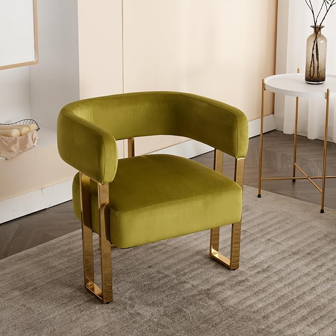 Modern Barrel Accent Chair Living Room Side Chair with Golden Metal Legs Soft Velvet Upholstered Reading Armchair for Bedroom/Reception Room/Lounge/Office Olive