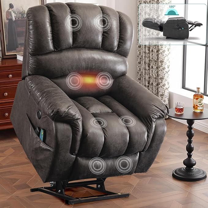 MEETWARM Large Infinite Position Dual Motor Recliner Chair for Big and Tall Elderly Oversized Lay Flat Sleeper Power Lift Recliner with Massage Heat 2 Remote Controls/USB Port/Side Pockets(Gray)