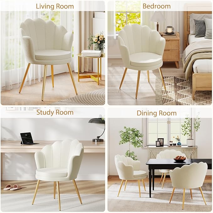 Furniliving Sherpa Vanity Chair Shell Accent Chair for Living Room Upholstered Accent Chair with Gold Metal Legs Makeup Chair for Vanity Armchair Guest Chairs Side Chair for Bedroom (White 2)
