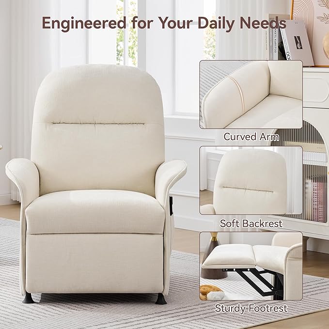 Power Recliner Chair for Adults Modern Reclining Single Sofa with Curved Armrest Comfy Ergonomics Electric Recliner with Side Pockets Adjustable Reading Chair for Living Room Bedroom Chenille Beige