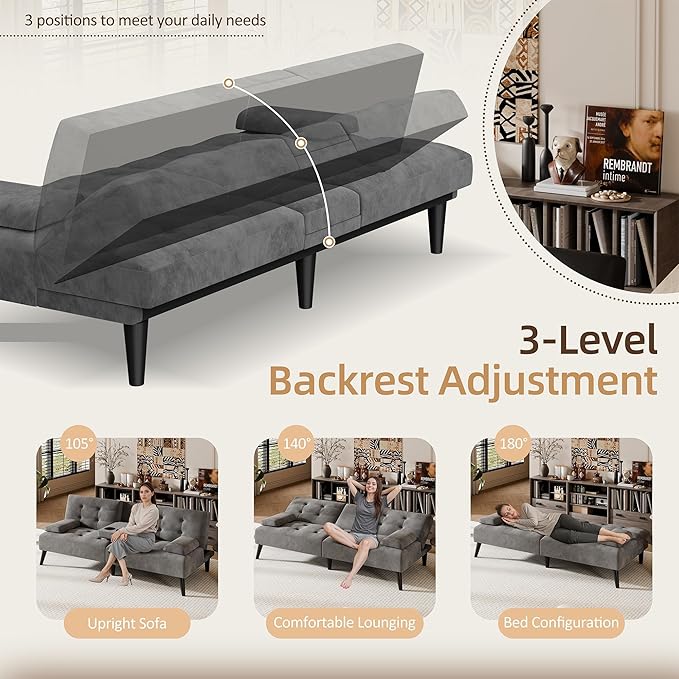Shintenchi Futon Sofa Bed Velvet Foldable Couch Reclining Sleeper with Removable Armrests Upholstered Loveseat Sofa Couch with Folding Cup Holders for Home Office Dark Gray