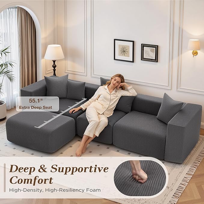 117” Boneless Cloud CouchSectional Modern 4 Seater L-Shaped Sleeper Sofa CouchesNo Assembly Modular Corduroy Convertible Sponge Compression Sofas with Chaise and Ottoman for Living Room(Grey)