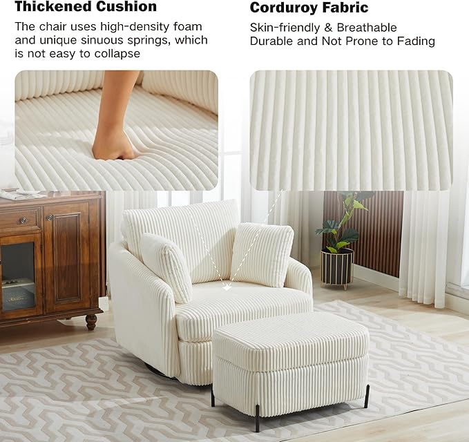 Chifee &amp Vingol 40.6 Oversized Swivel Accent Chair with OttomanCorduroyIvory