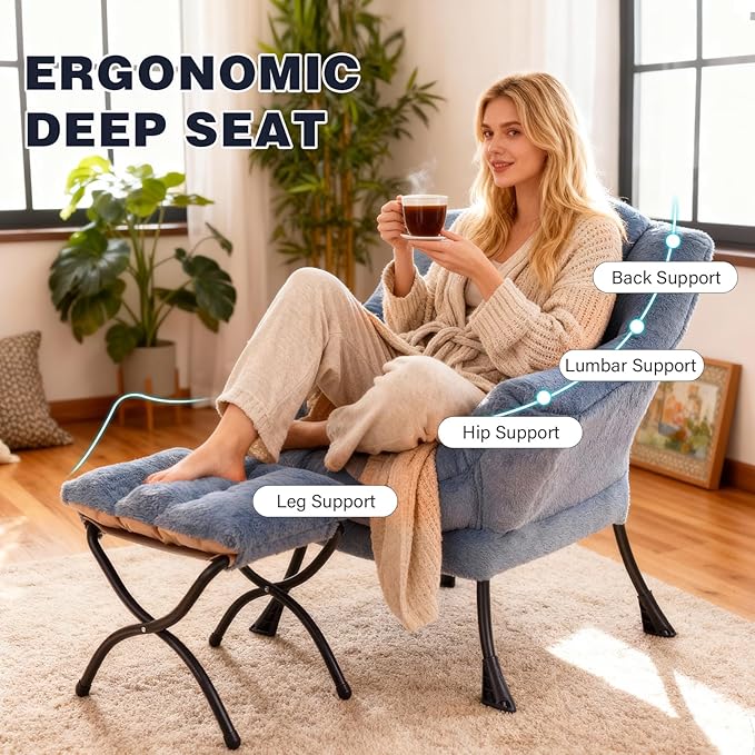 Lazy Chair with Ottoman Modern Accent Chair Contemporary Lounge Leisure Sofa Chair with Armrests Reading Chair and Folding Footstool Set for Living Room Bedroom Office Velvet Black