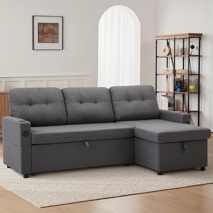 82 Pull Out Sofa BedL-Shape Modern Sleeper Sofa Upholstered Sectional Couch with USB Port and Side Pockets for Living RoomGuest Room (Dark Grey)