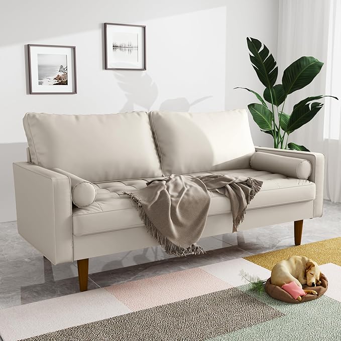 70 Loveseat SofaFaux Leather Couch with Thick Cushion and Wooden LegsLove Seat Sofa Couches for Living Room Bedroom Office Home Apartment White