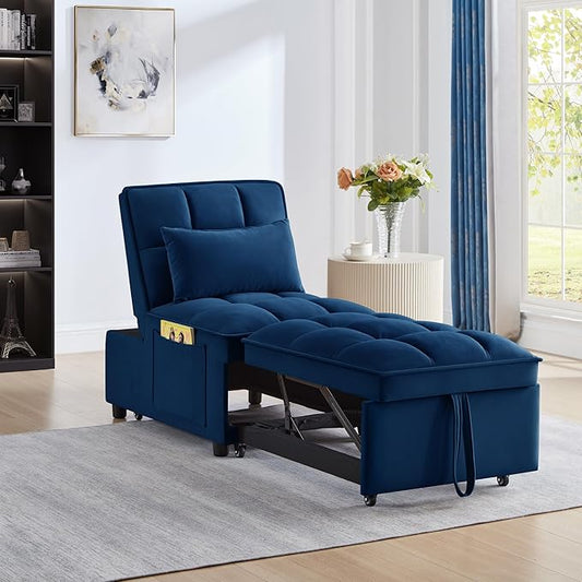 4 in1 Multi-Function Single Sofa Bed with Storage PocketsTufted Single Pull-Out Sofa Bed with Adjustable Backrest and PillowsConvertible Chaise Loungefor Small Room Apartment (Navy)