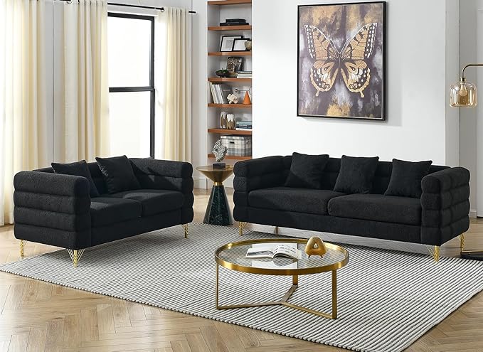 Comfy Loveseat Sofa 60-inch 2 Seater Boucle Couch with Deep Seat Design Upholstered Love Seat with 2 Pillows Modern Living Room Sofa with Stylish Metal Legs for Office Waiting Room Black Teddy