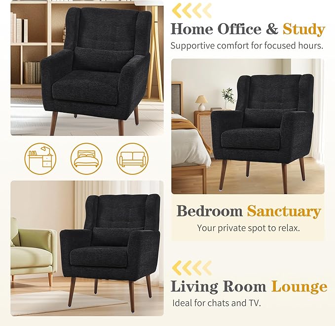 Modern Accent Chair Upholstered Armchair with Pillow Fabric Single Sofa Chair with Lounge Seat Solid Wood Legs Accent Chair for Living Room Bedroom Small Spaces(Black)