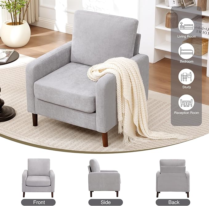 Accent Chair for Living Room Modern Reading Chair for Bedroom Upholstered Armchair with Wood Legs and Side Pockets Single Sofa Side Chair for Office Small Room Apartment Light Grey