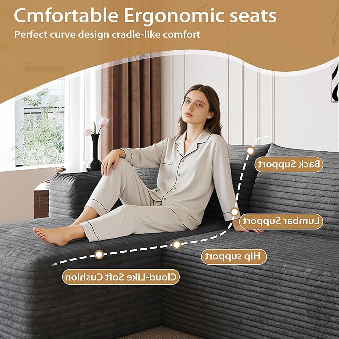 96 Sectional Couches for Living Room Modern Modular Sofa with L-Shape Couchs Upholstered Boneless Couch Deep Seat Sectional Couch with Chaise (Dark Grey 96 Left Facing Chaise+2Seaters)