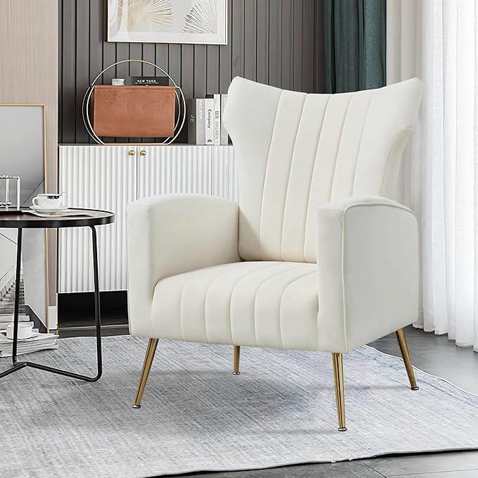 Generic Modern Velvet Accent Chair with Arms Wingback Reading Chair with Gold Metal Legs Comfy Upholstered Single Leisure Sofa for Living Room Bedroom ClubVelvetWhite