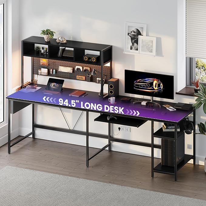 DUMOS L Shaped Gaming Desk 67” Reversible Computer Desks with Led Lights Corner Table with Keyboard Tray Side Bag Storage Shelf Metal Frame Wood Writing for Home Office Bedroom Black